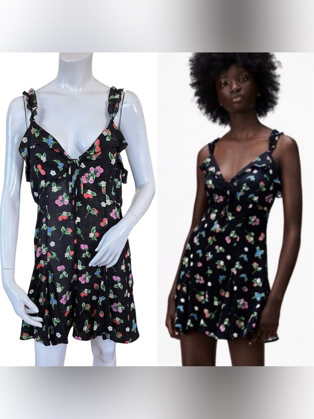 Zara Black Ruffle Tiered Fruit Berry Floral Print Cottagecore Mini Dress Medium